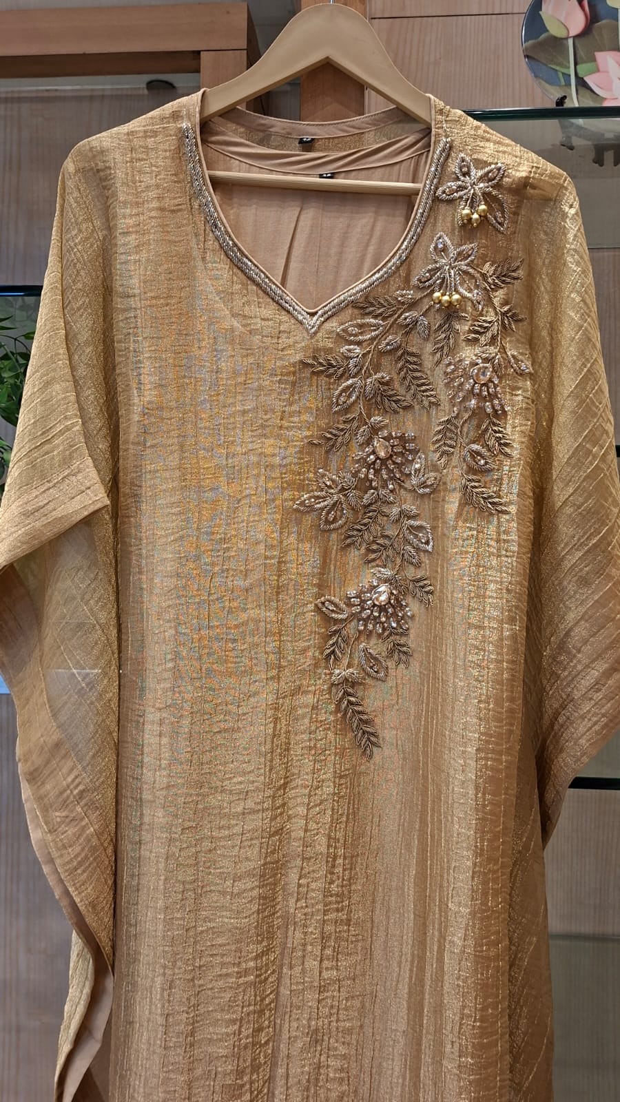 Beige Gold Crushed Tissue Floral Embroidered Kaftan
