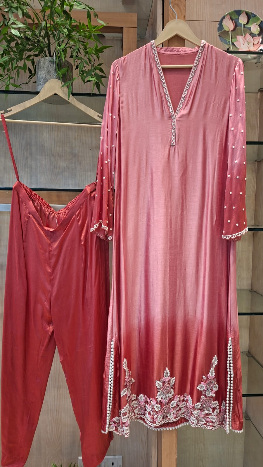 Beautiful digital creator ZOYA MANSOOR IN OUR Rosé Blossom Pearl Embroidered Long RESHAM SILK DRESS WITH PANTS - J.BEHARI