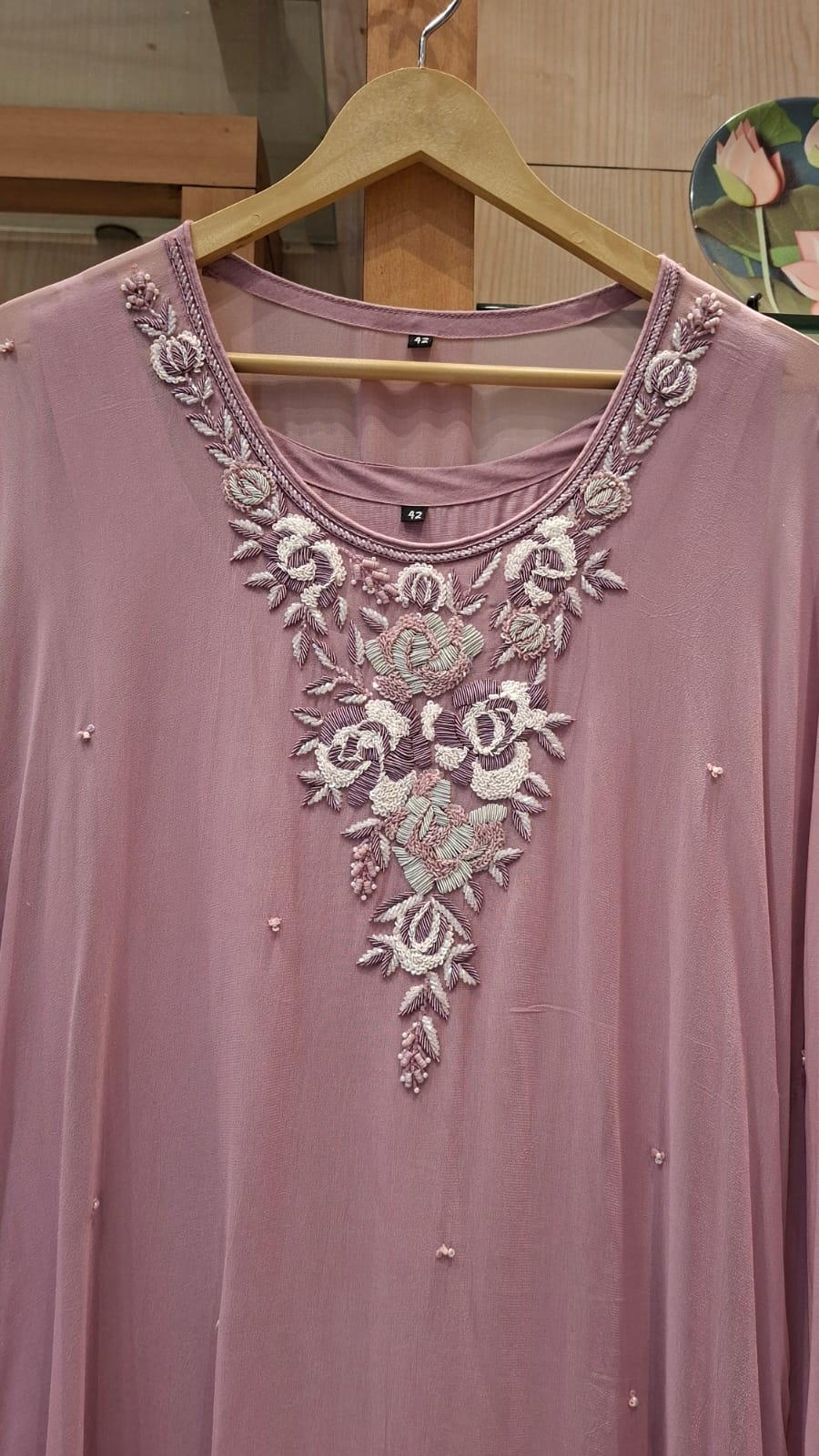 Rosé Mint Bloom Embroidered Georgette Kaftan - J.BEHARI