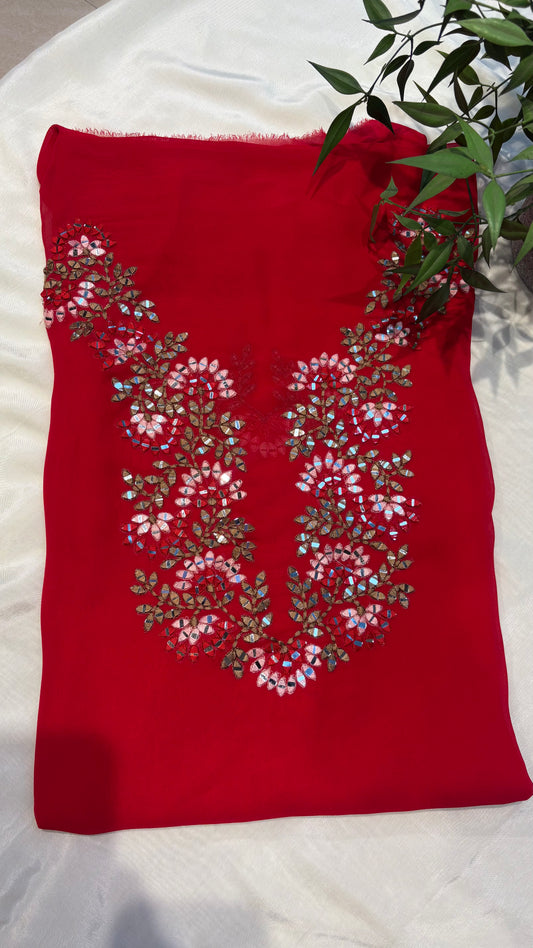 Ruby Blossom Mirror Work Neck Patch unstitched kurti