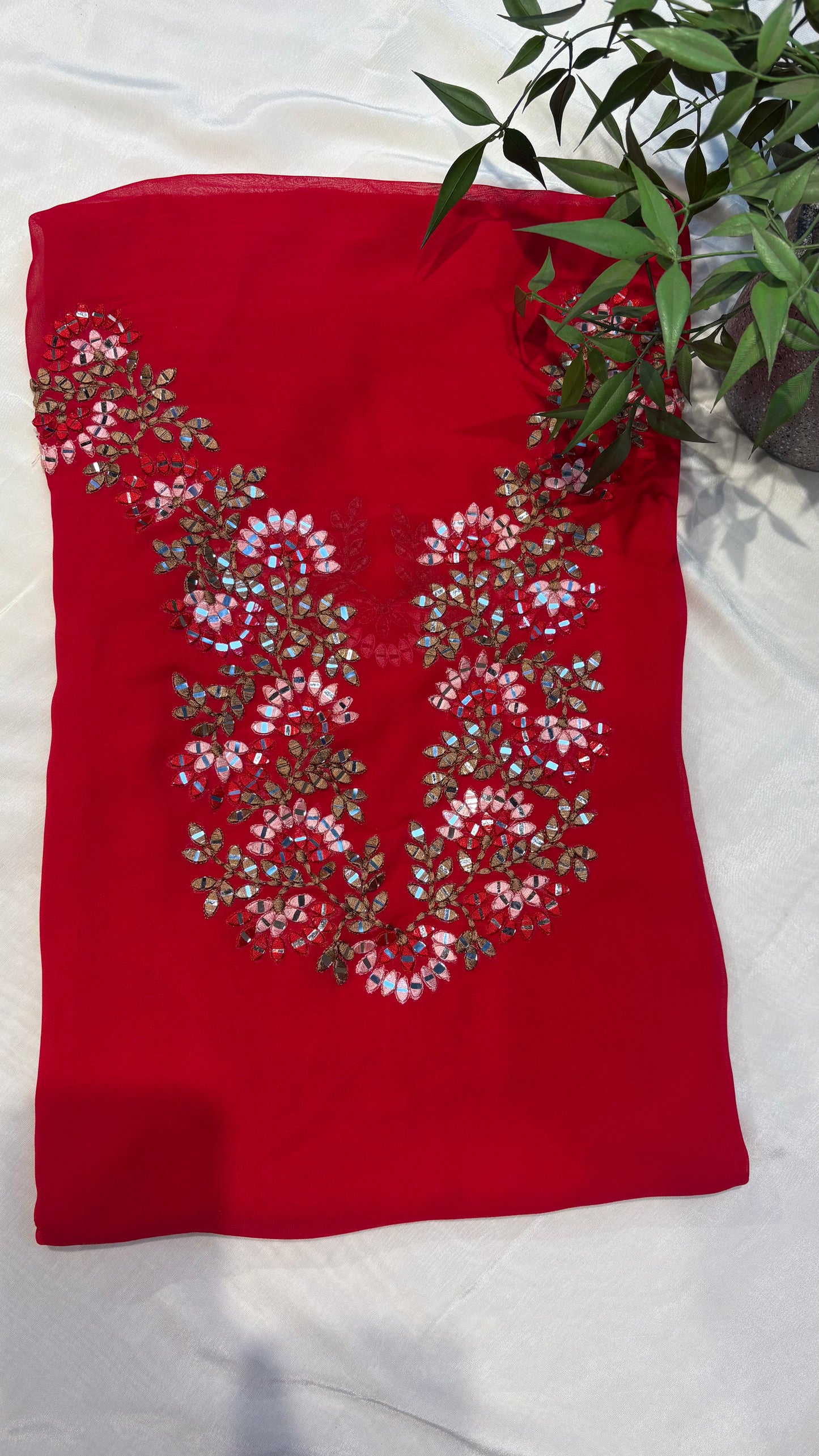 Ruby Blossom Mirror Work Neck Patch unstitched kurti