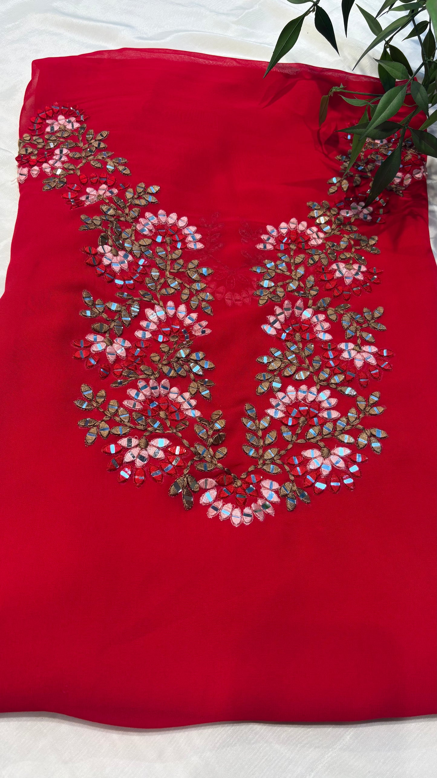 Ruby Blossom Mirror Work Neck Patch unstitched kurti