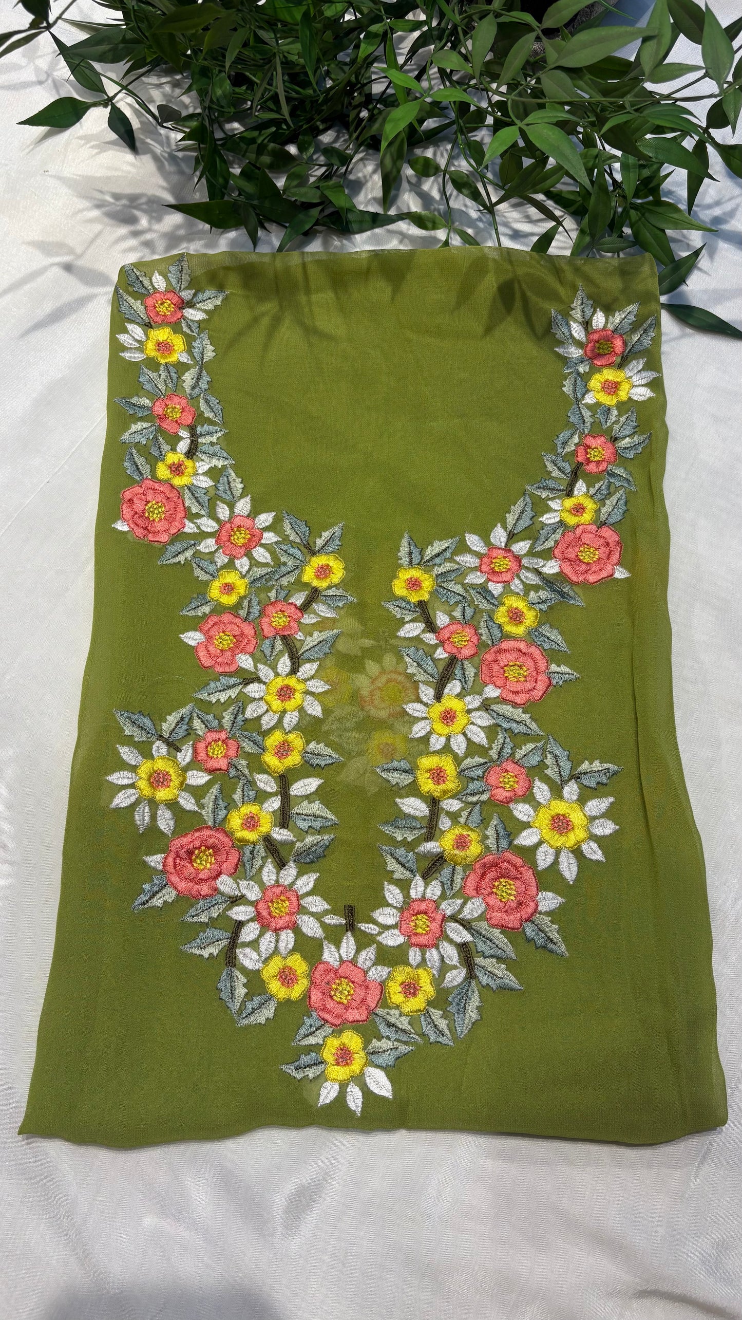 🌿 Olive Bloom Embroidered Neck unstitched kurti 🌿
