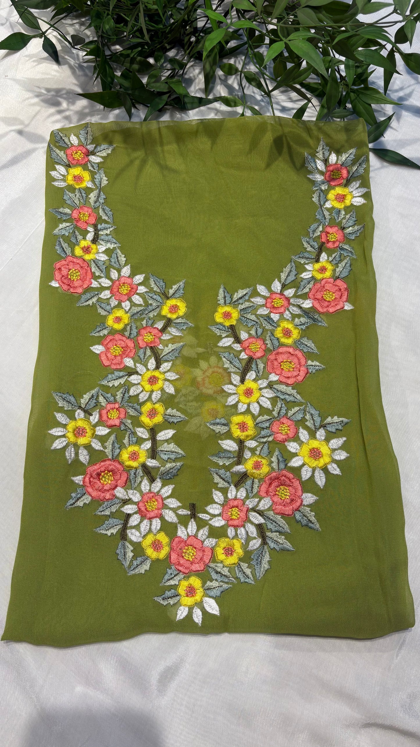 🌿 Olive Bloom Embroidered Neck unstitched kurti 🌿