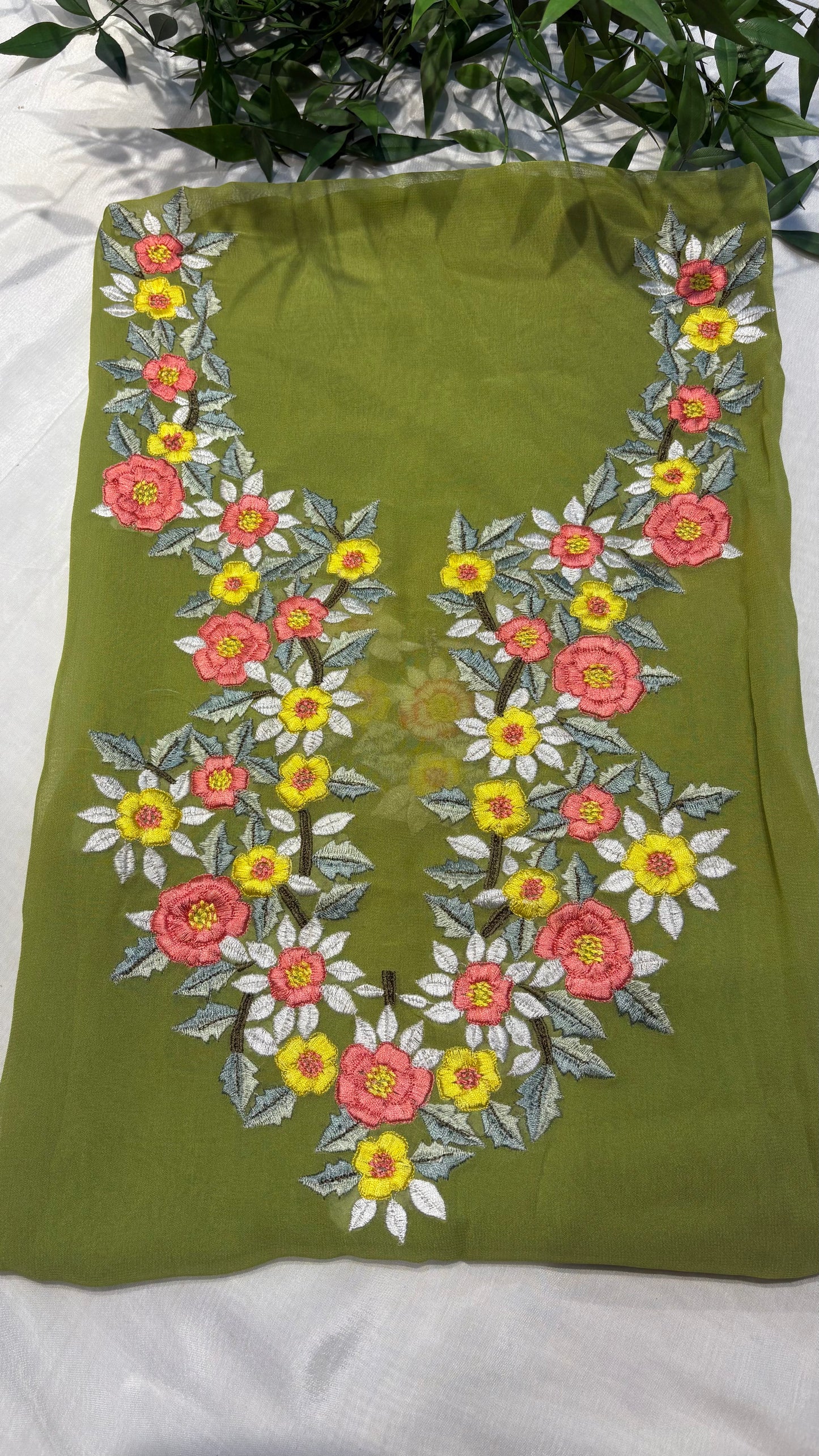 🌿 Olive Bloom Embroidered Neck unstitched kurti 🌿