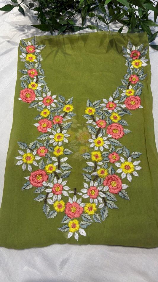 🌿 Olive Bloom Embroidered Neck unstitched kurti 🌿