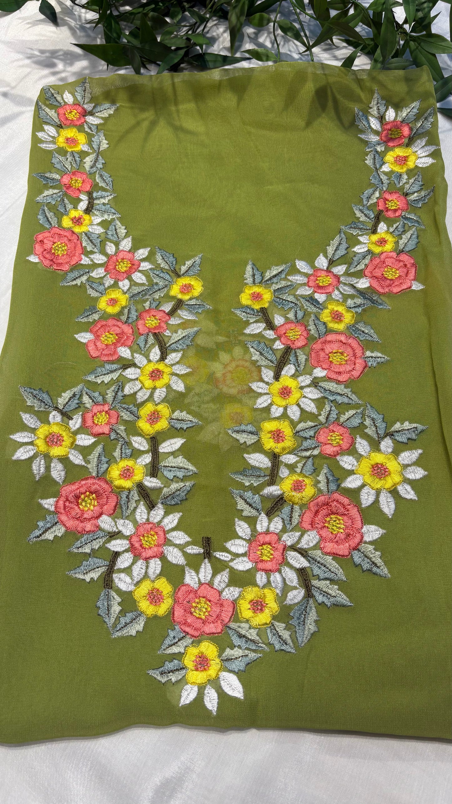 🌿 Olive Bloom Embroidered Neck unstitched kurti 🌿