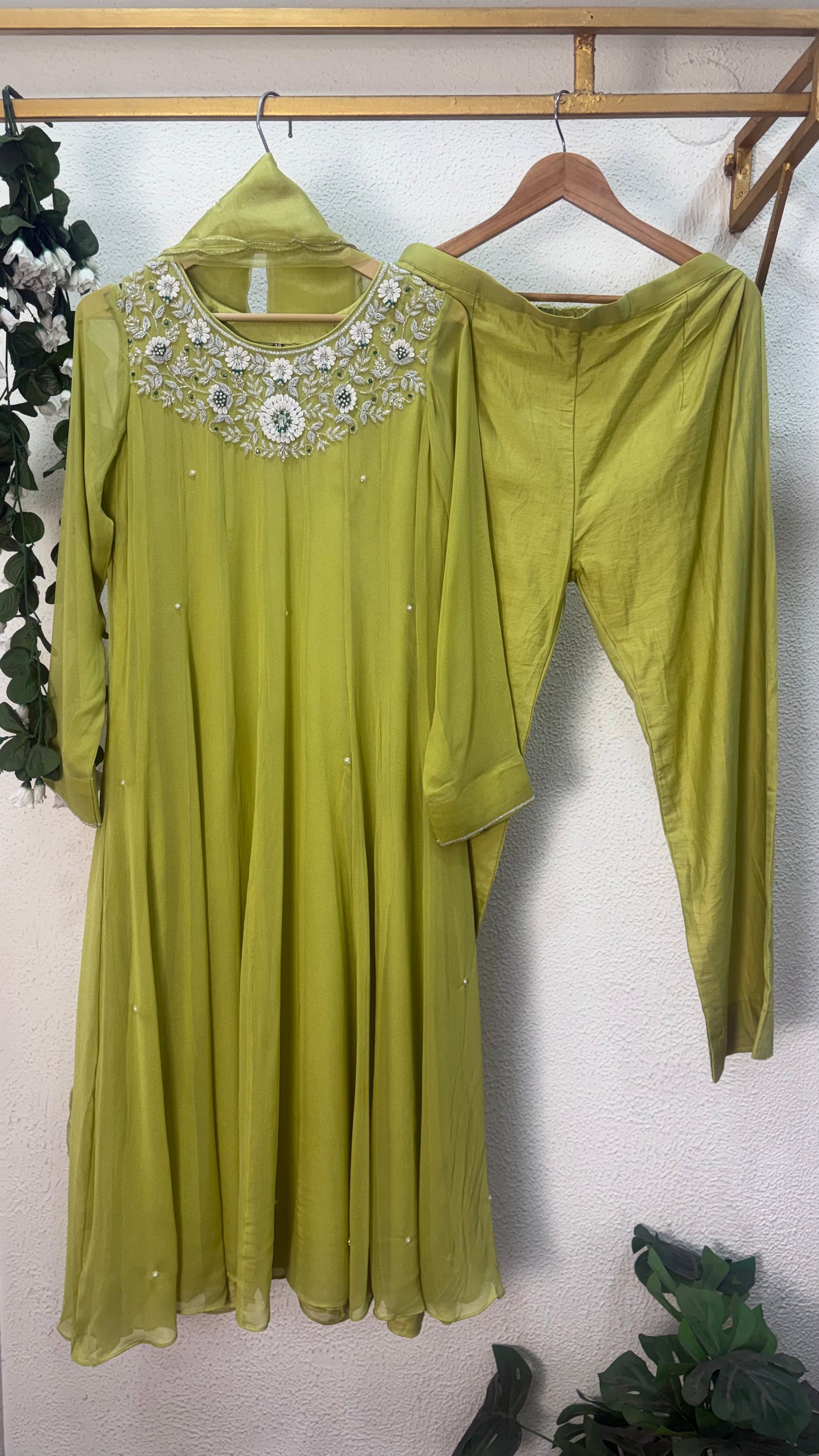 Olive Green Katdana & Swarovski Embroidered Anarkali Suit