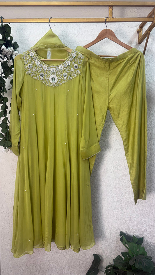 Olive Green Katdana &amp; Swarovski Embroidered Anarkali Suit
