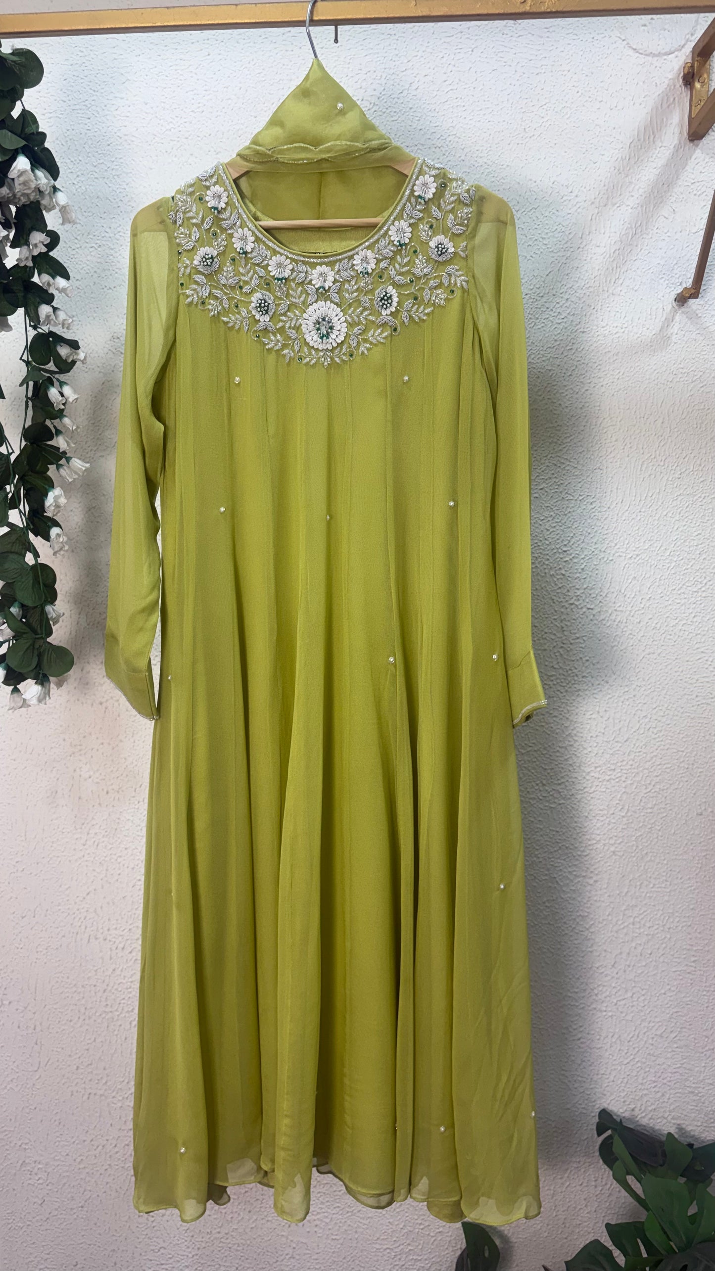 Olive Green Katdana & Swarovski Embroidered Anarkali Suit