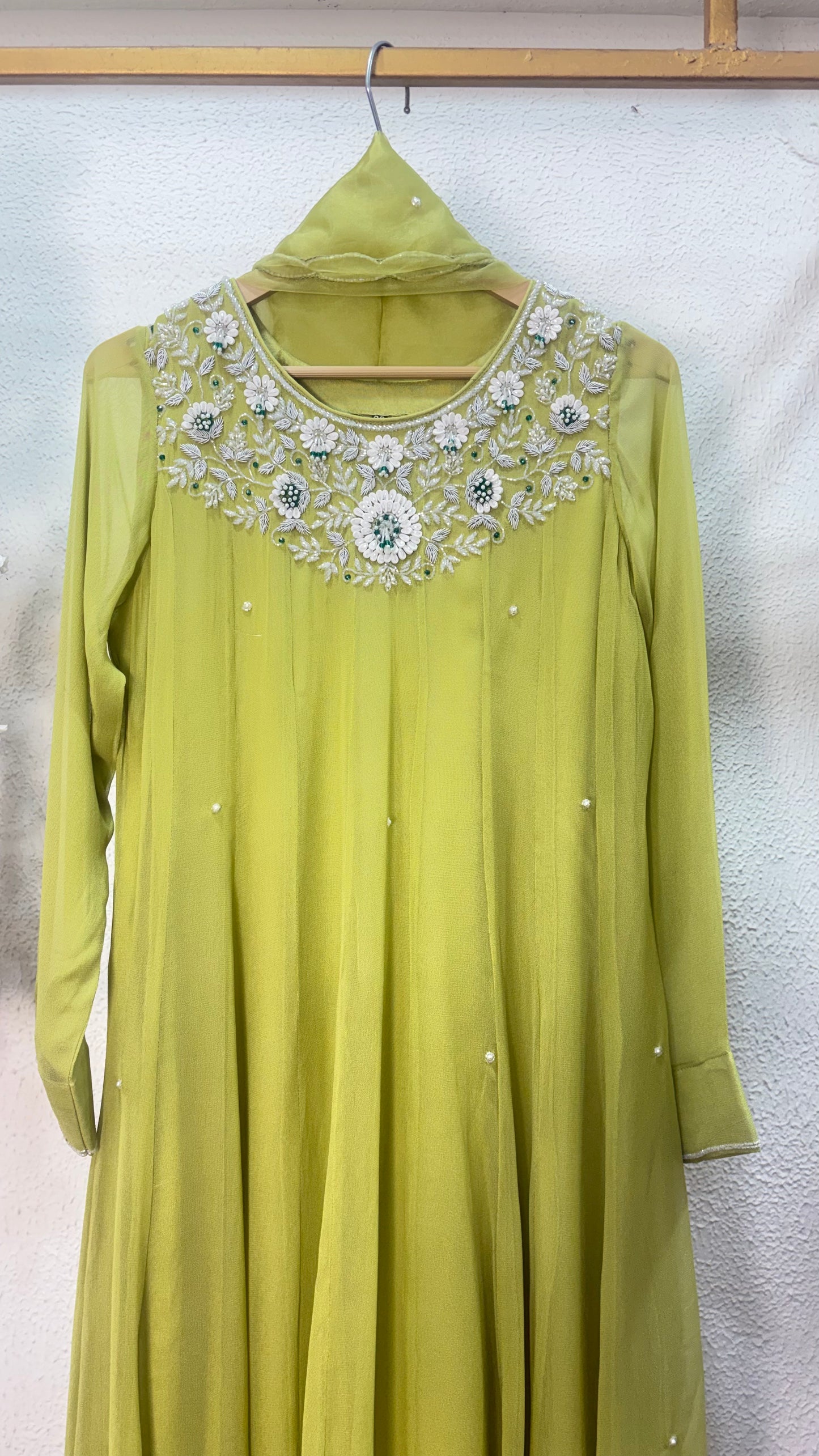 Olive Green Katdana & Swarovski Embroidered Anarkali Suit