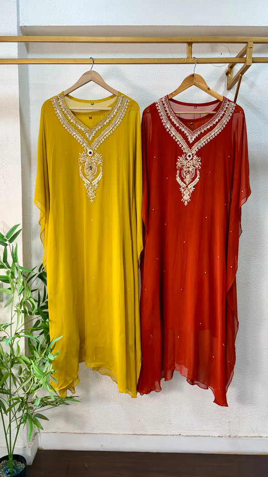 Burnt Orange & Mustard Yellow Handcrafted Georgette Kaftan
