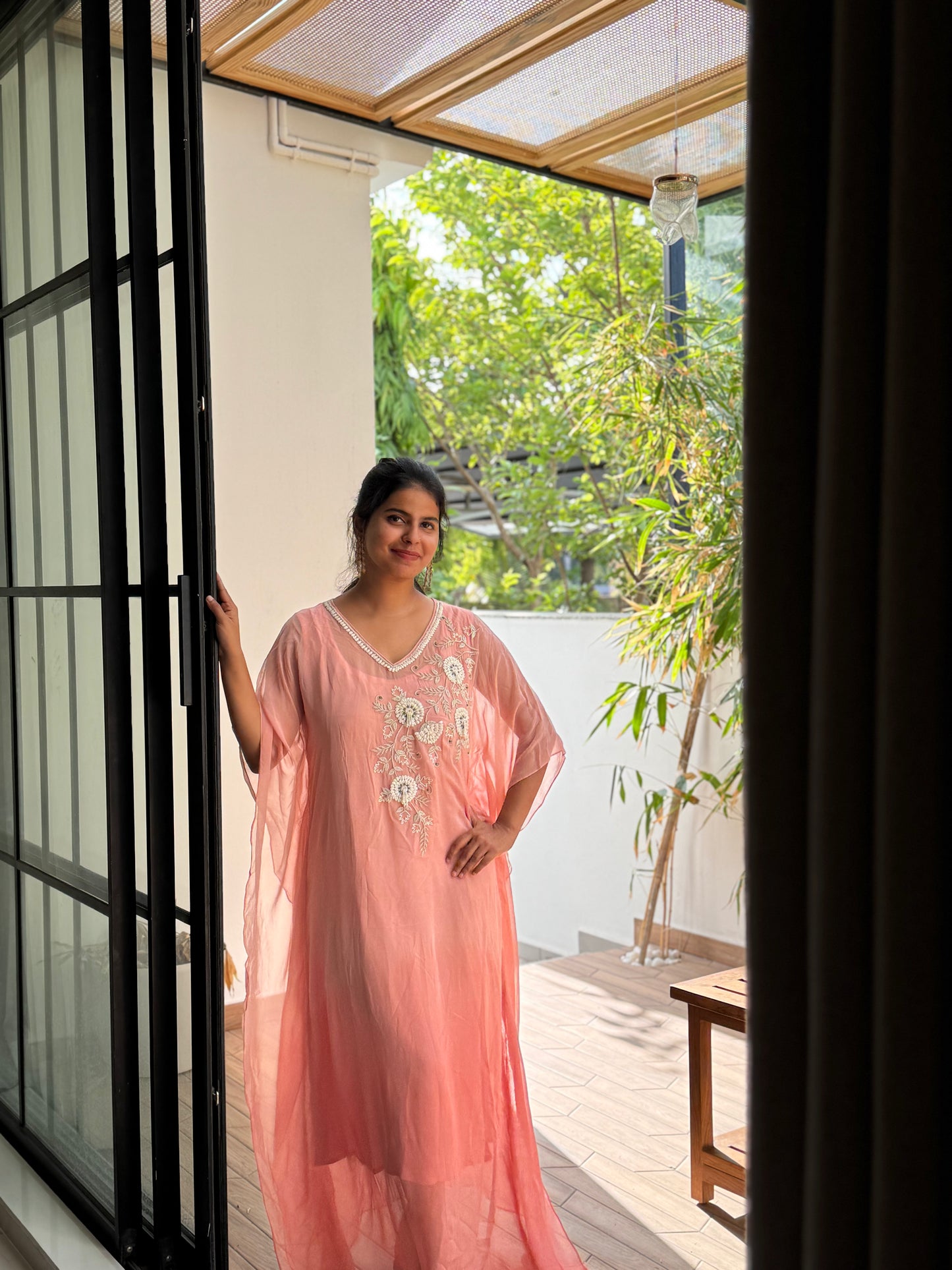 Anna Binny in Rosé Floral Embroidered georgette Kaftan