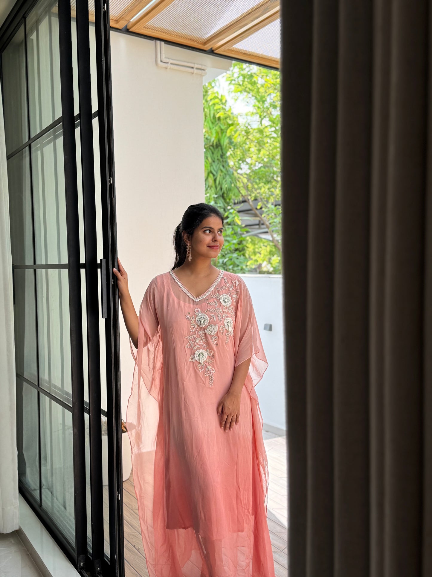 Anna Binny in Rosé Floral Embroidered georgette Kaftan