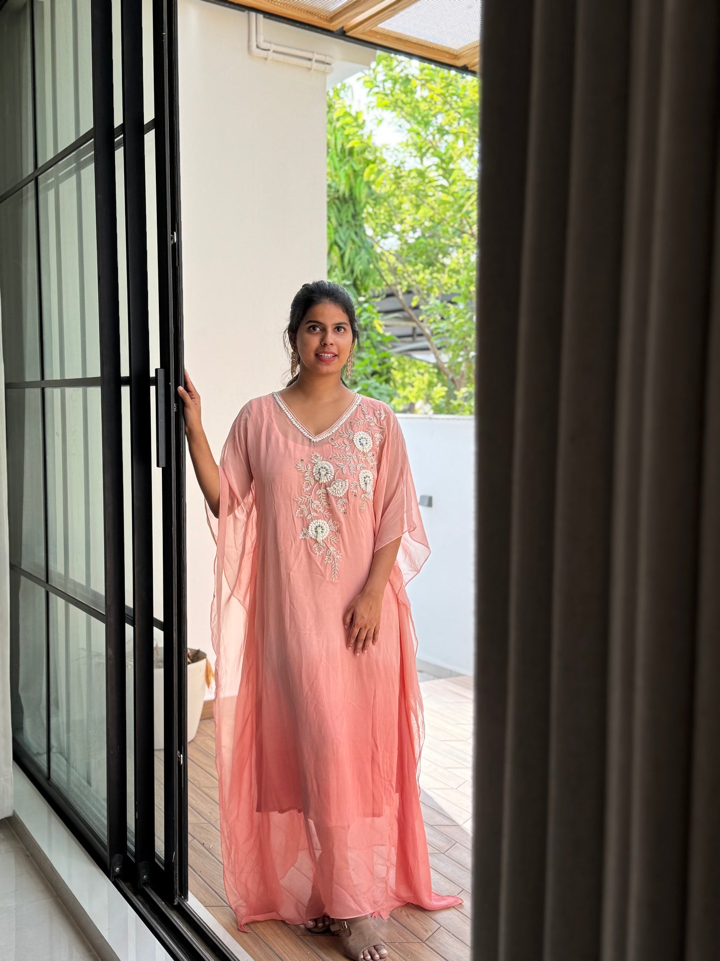 Anna Binny in Rosé Floral Embroidered georgette Kaftan