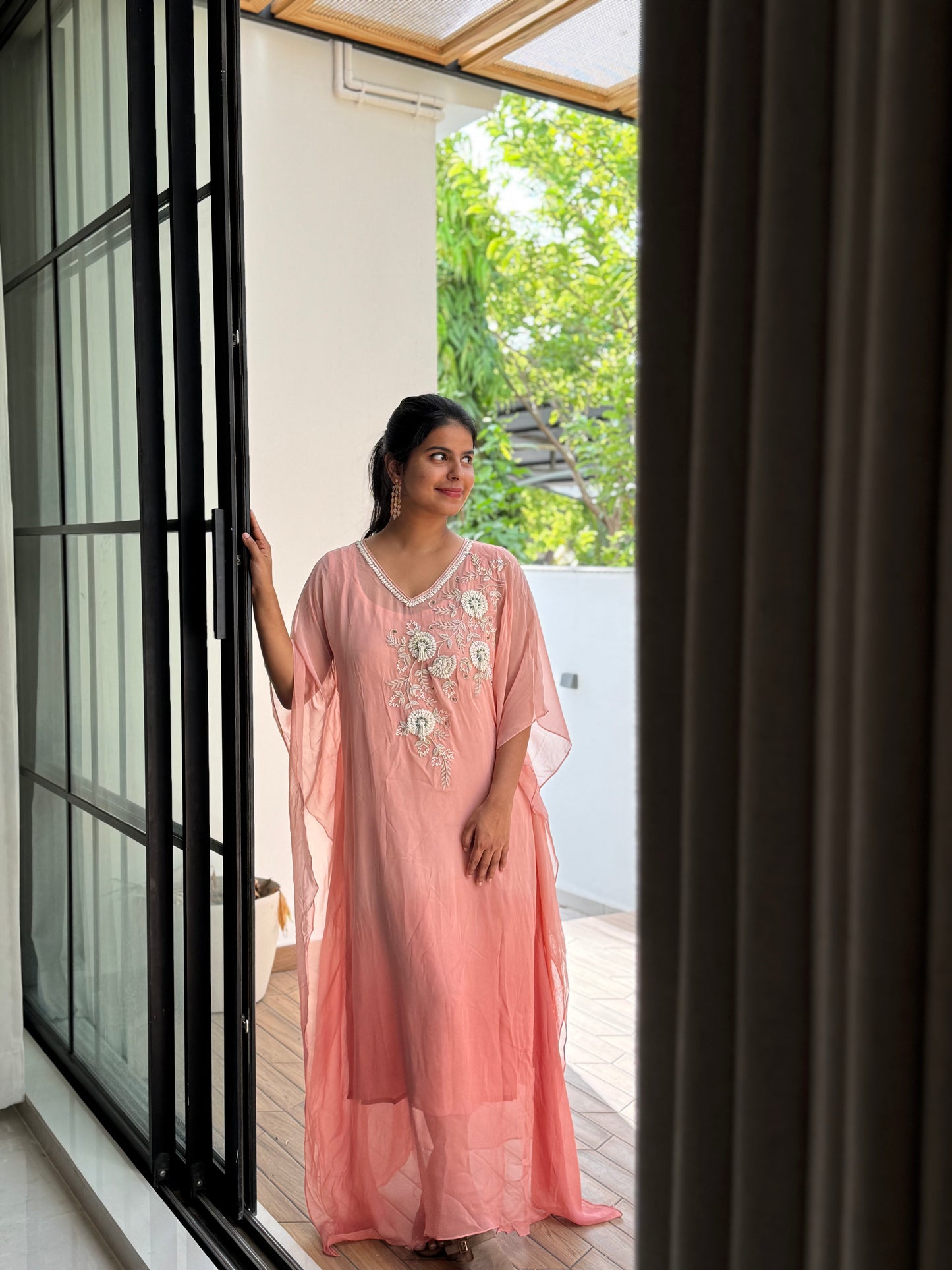Anna Binny in Rosé Floral Embroidered georgette Kaftan