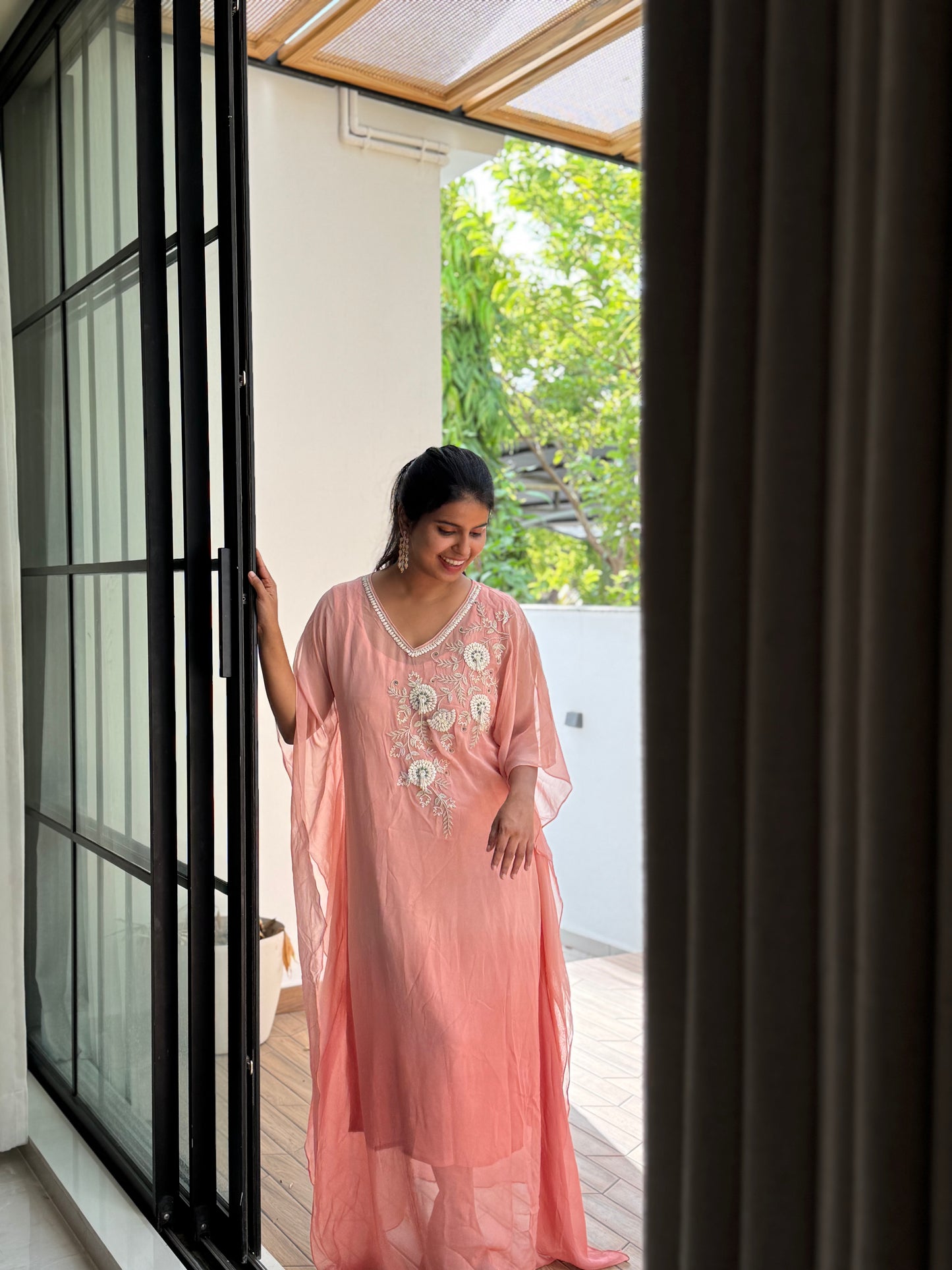 Anna Binny in Rosé Floral Embroidered georgette Kaftan