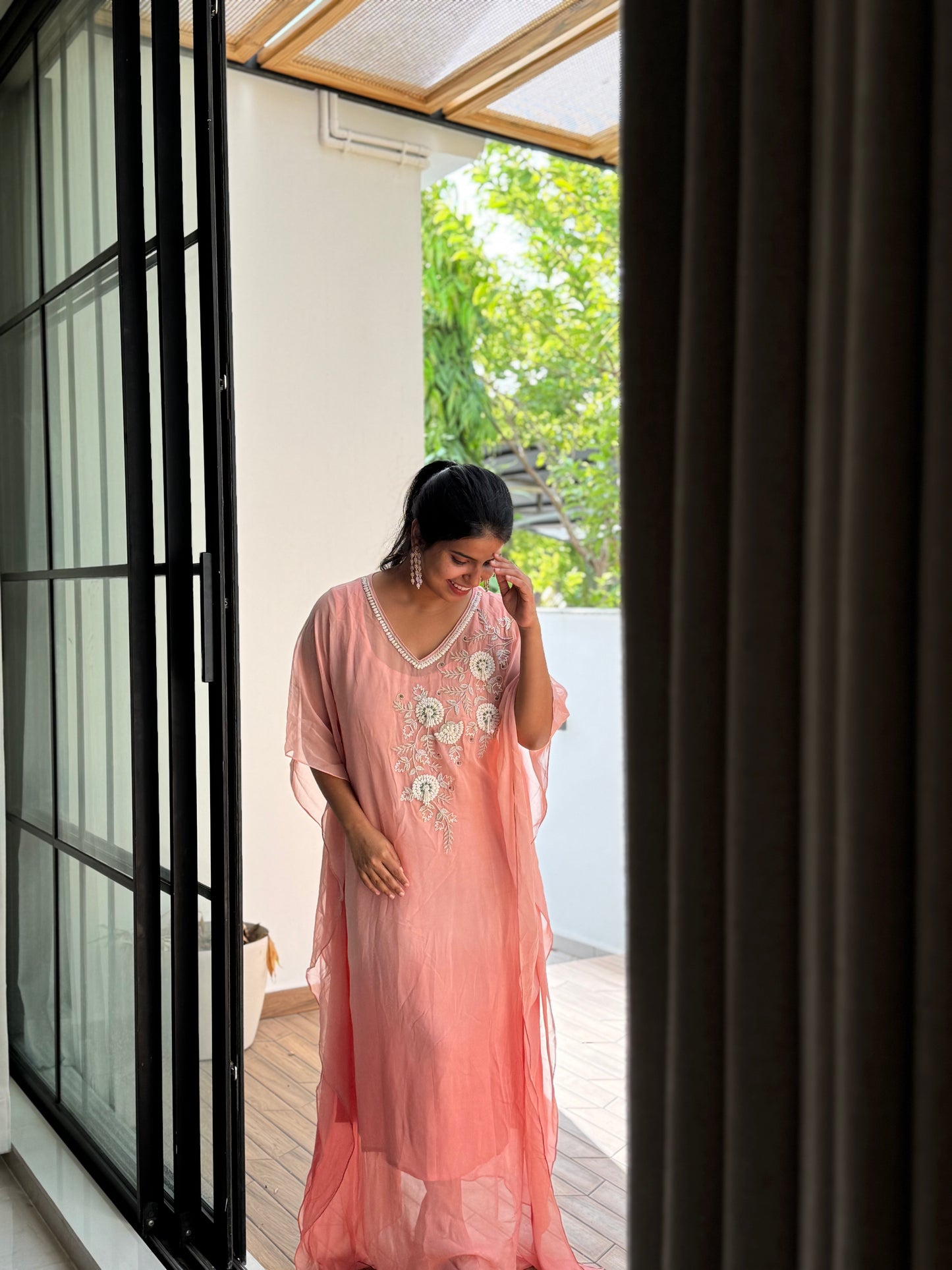 Anna Binny in Rosé Floral Embroidered georgette Kaftan