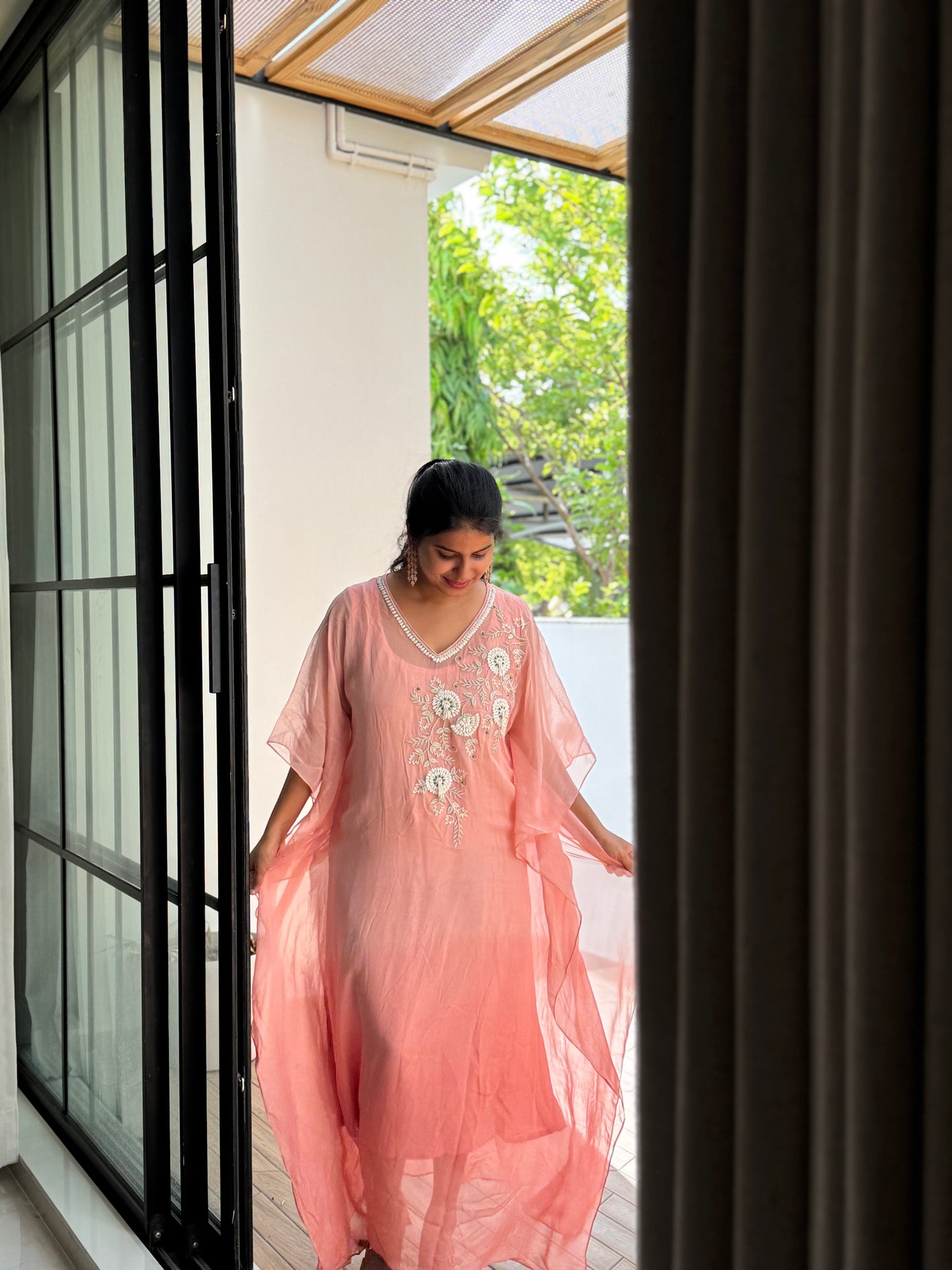 Anna Binny in Rosé Floral Embroidered georgette Kaftan