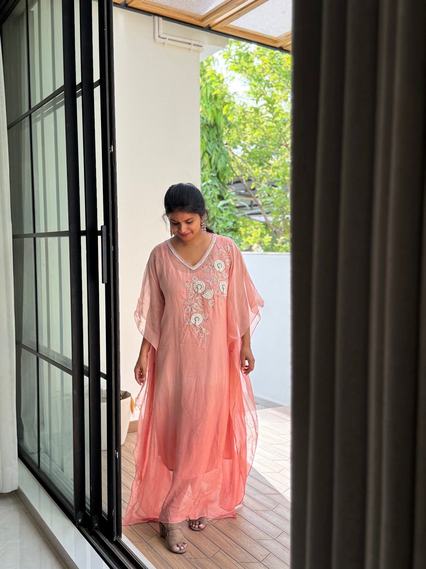 Anna Binny in Rosé Floral Embroidered georgette Kaftan