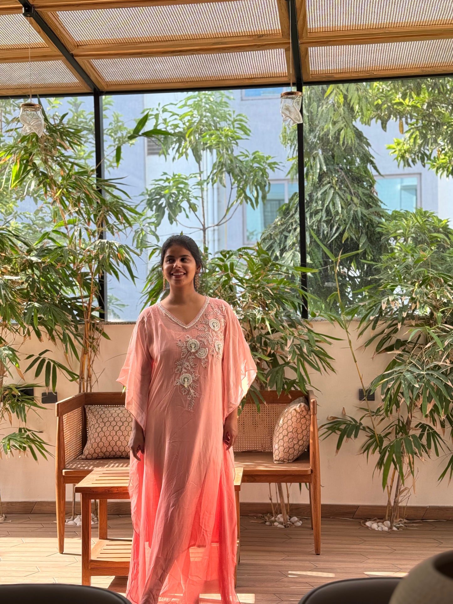 Anna Binny in Rosé Floral Embroidered georgette Kaftan
