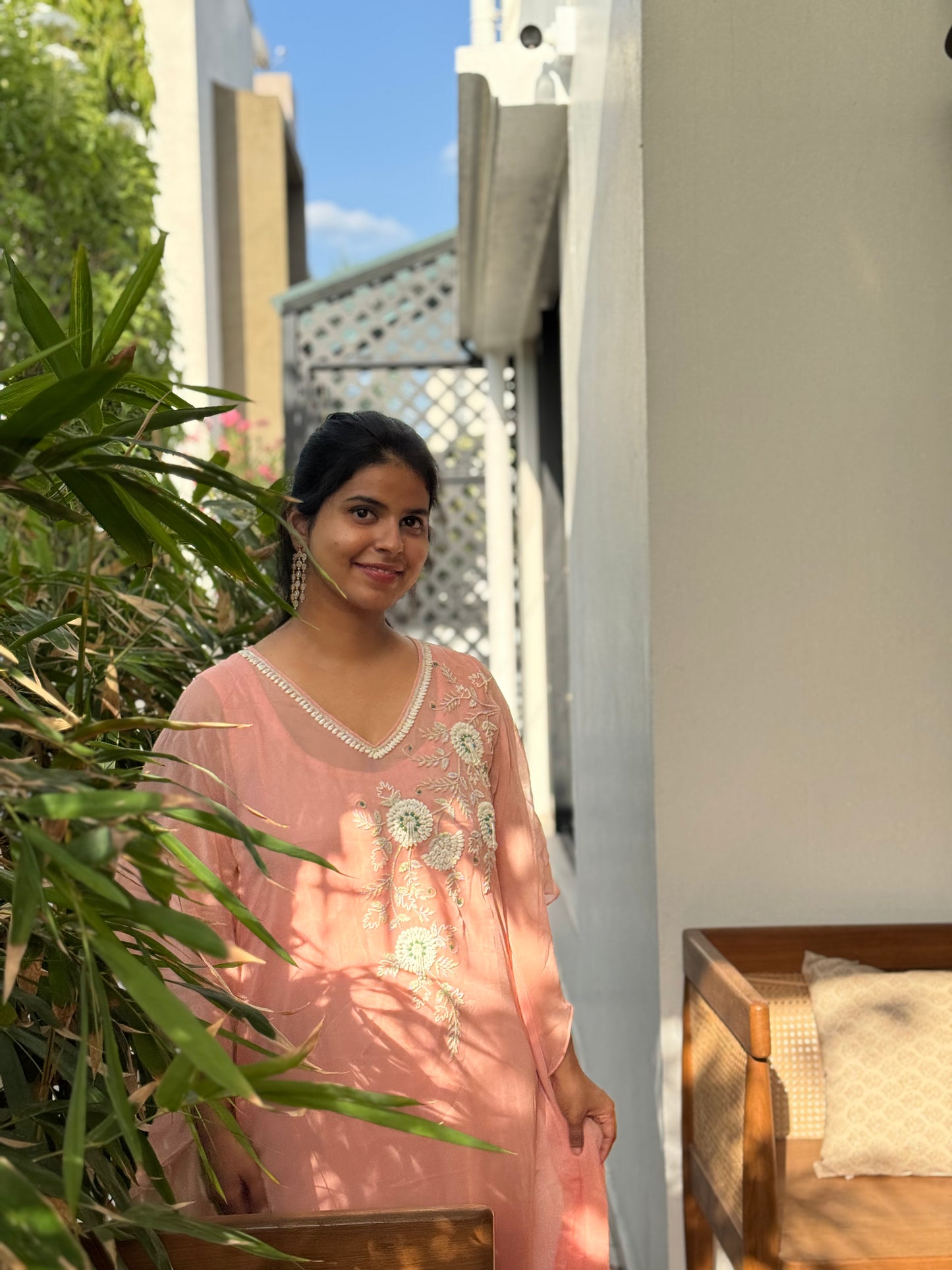 Anna Binny in Rosé Floral Embroidered georgette Kaftan