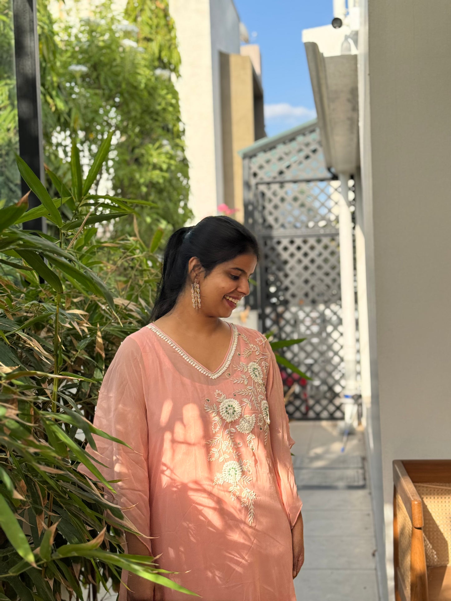 Anna Binny in Rosé Floral Embroidered georgette Kaftan