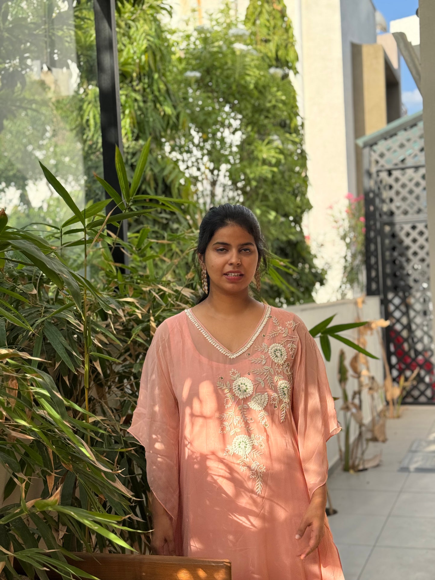 Anna Binny in Rosé Floral Embroidered georgette Kaftan