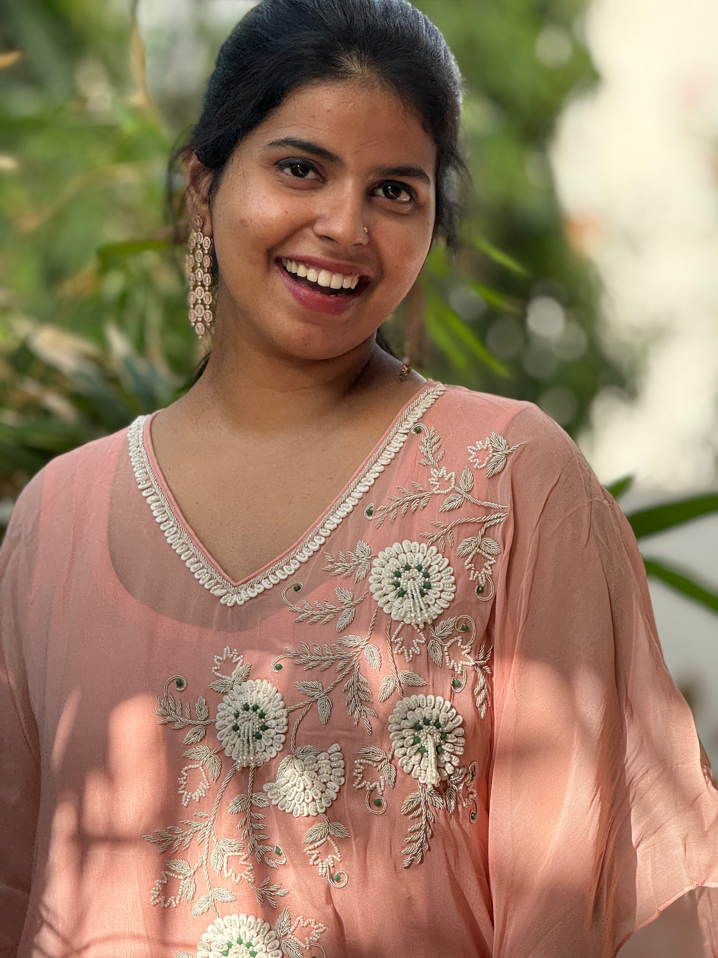 Anna Binny in Rosé Floral Embroidered georgette Kaftan