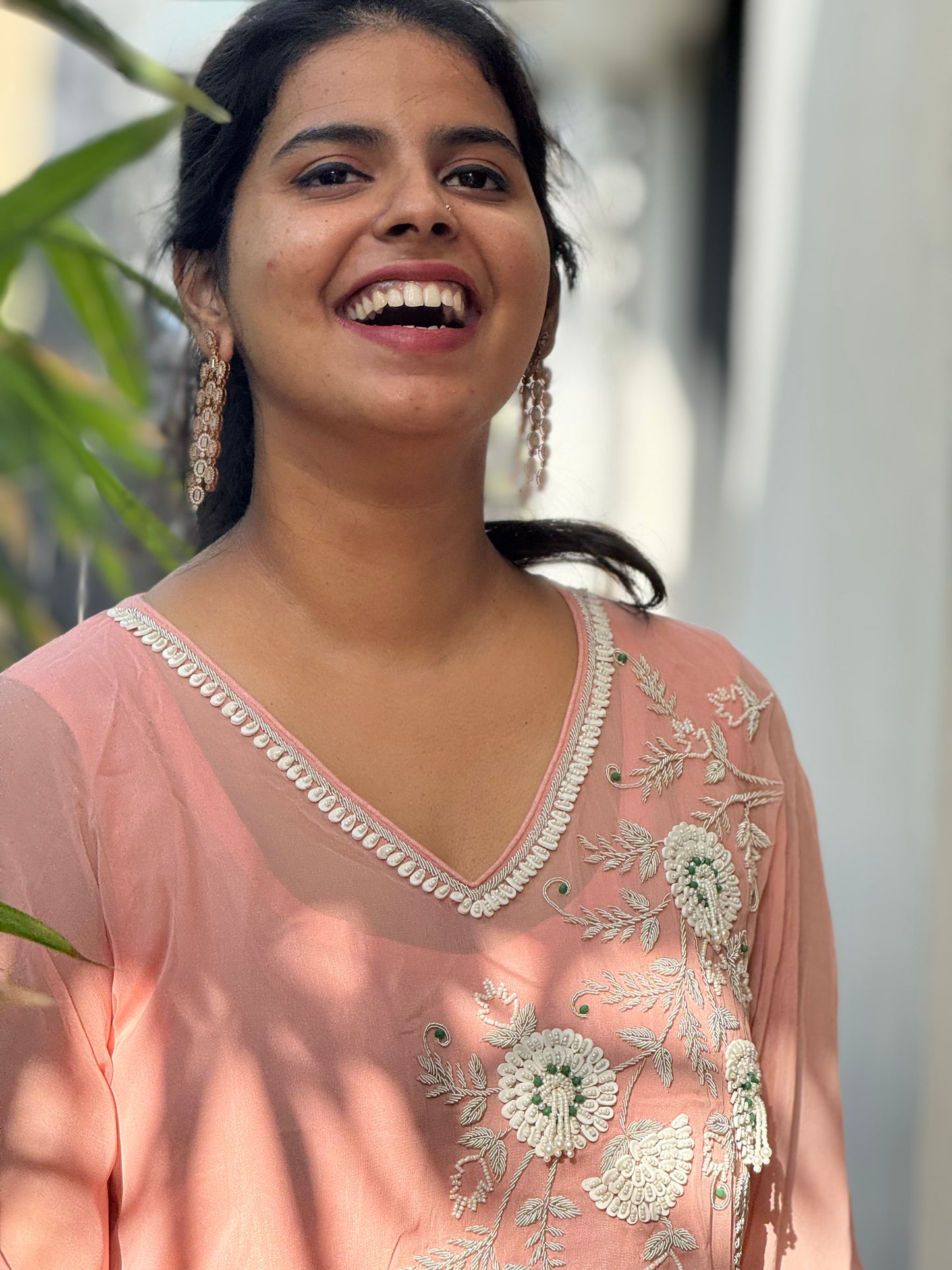 Anna Binny in Rosé Floral Embroidered georgette Kaftan