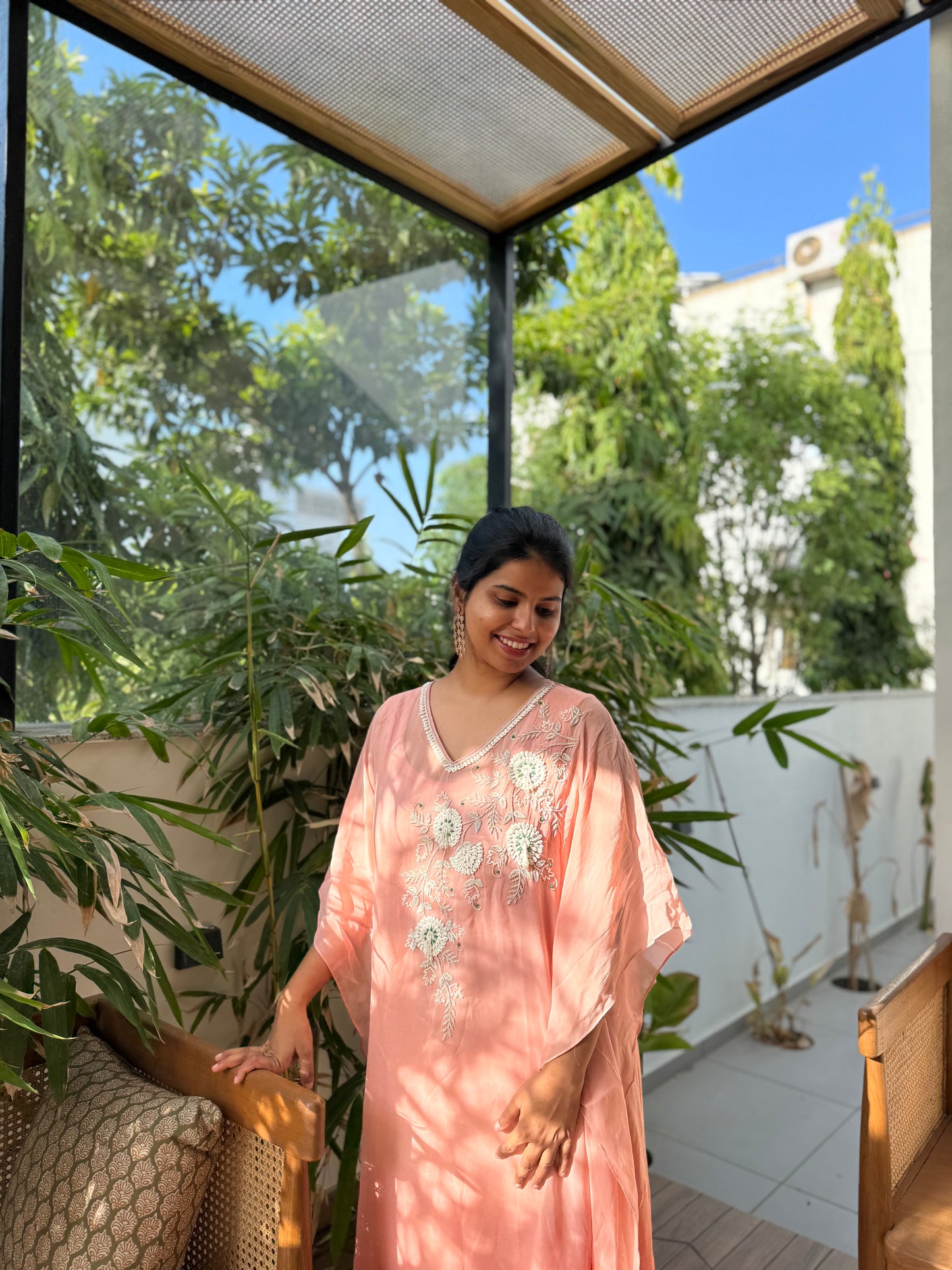 Anna Binny in Rosé Floral Embroidered georgette Kaftan
