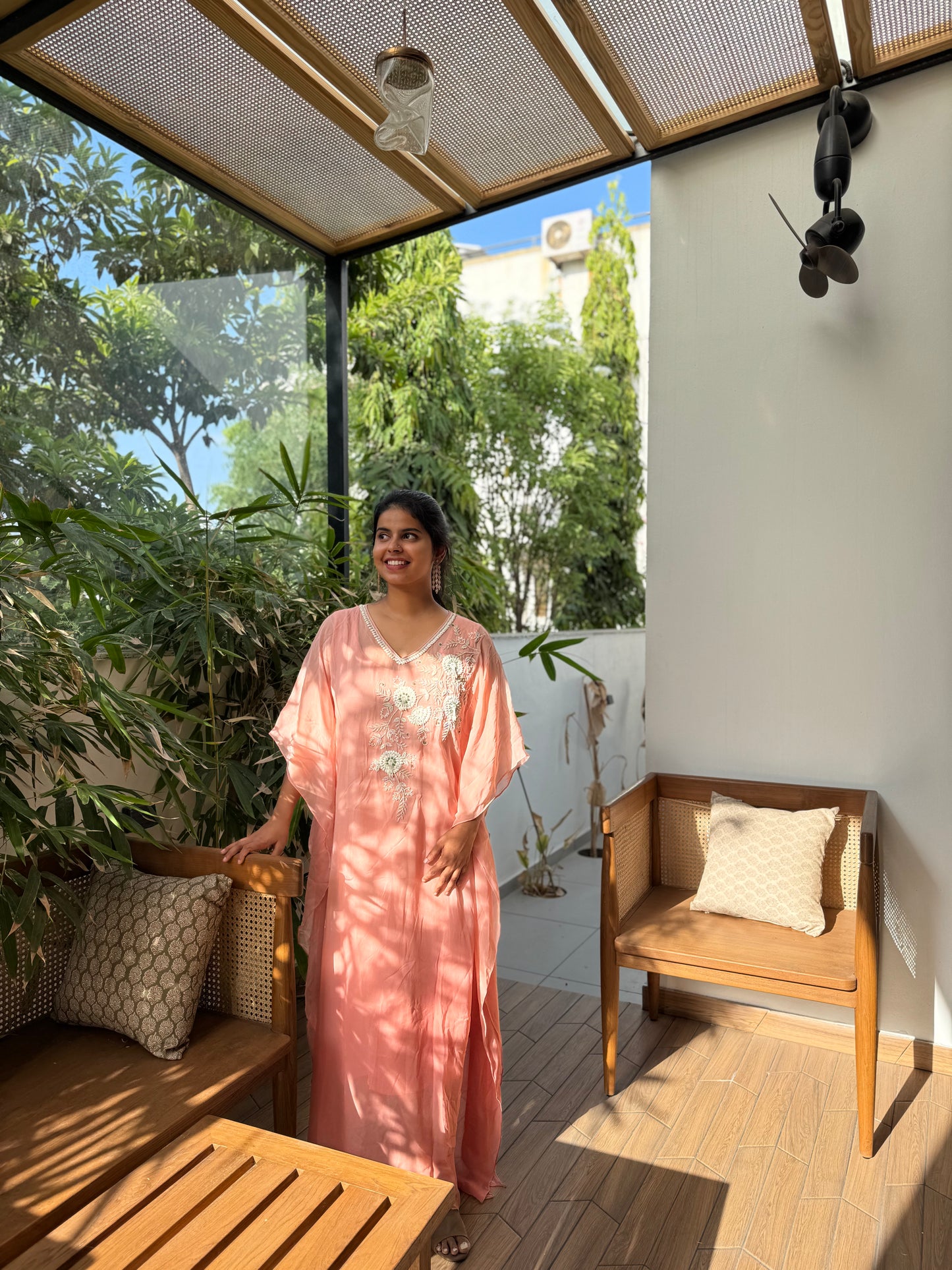 Anna Binny in Rosé Floral Embroidered georgette Kaftan