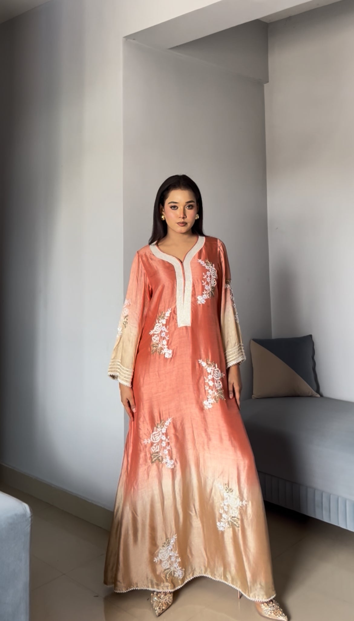 Beautiful digital creator ZOYA MANSOOR IN OUR  orange Pearl Embroidered Long RESHAM SILK DRESS WITH PANTS