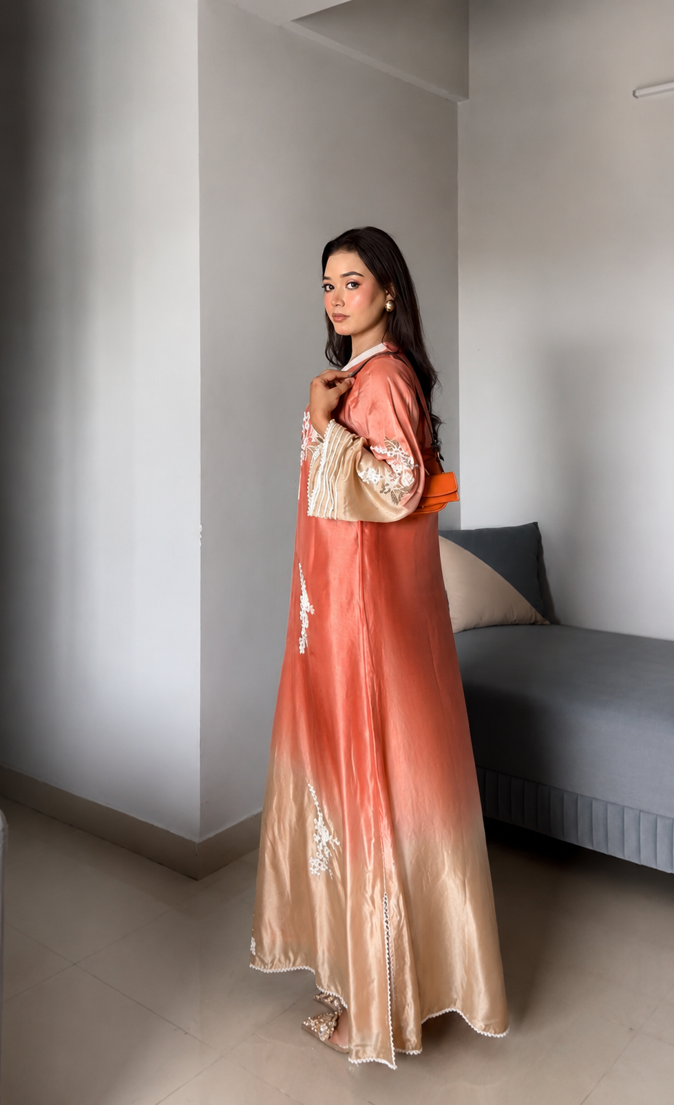 Beautiful digital creator ZOYA MANSOOR IN OUR  orange Pearl Embroidered Long RESHAM SILK DRESS WITH PANTS
