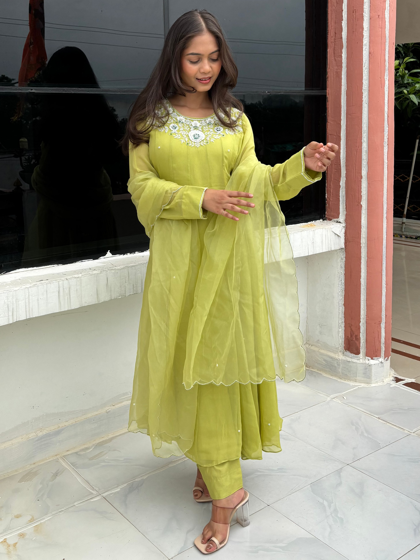 Olive Green Katdana & Swarovski Embroidered Anarkali Suit