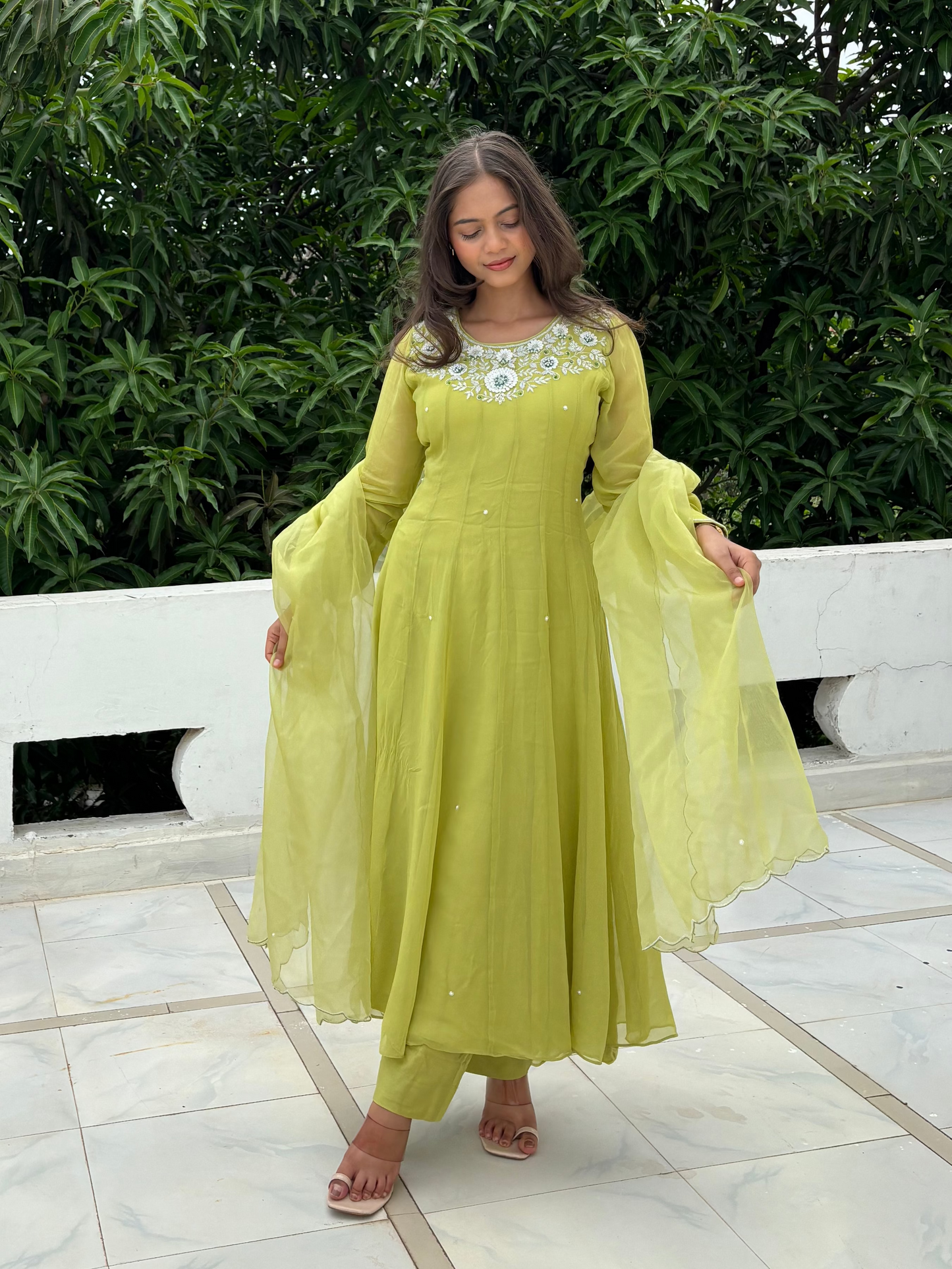 Olive Green Katdana & Swarovski Embroidered Anarkali Suit