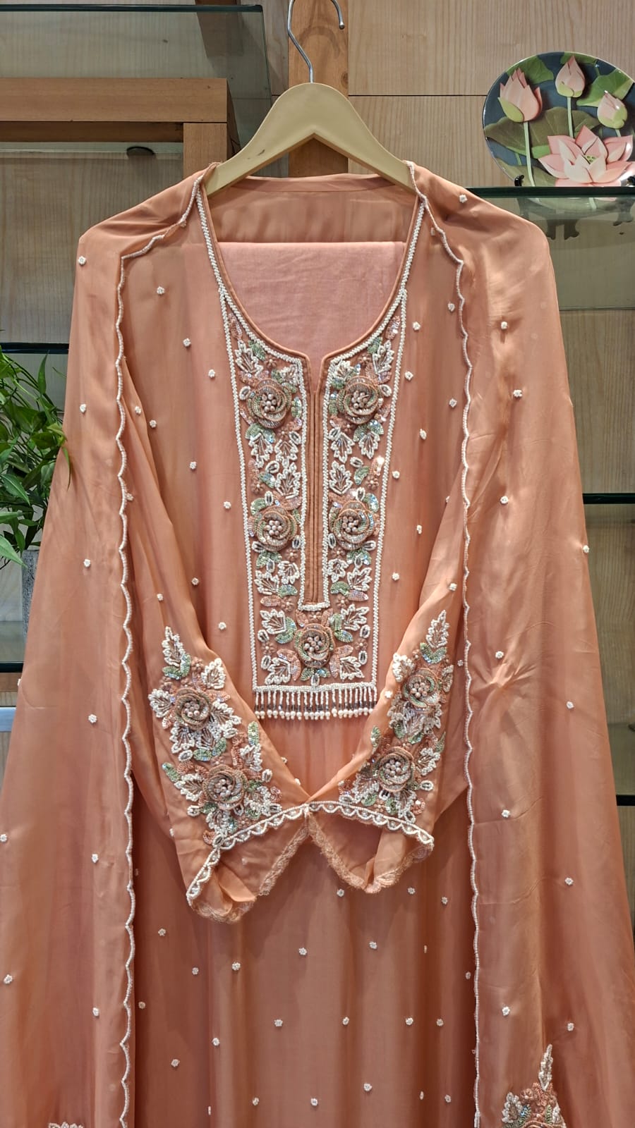 j behari Handcrafted Embroidered Soft Organza Semi-Stitched Suit Set