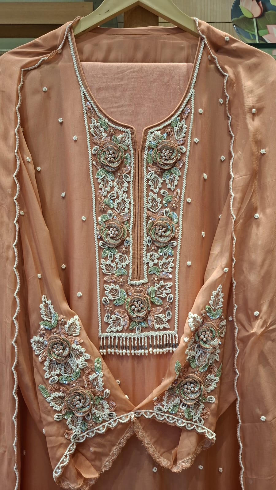 j behari Handcrafted Embroidered Soft Organza Semi-Stitched Suit Set