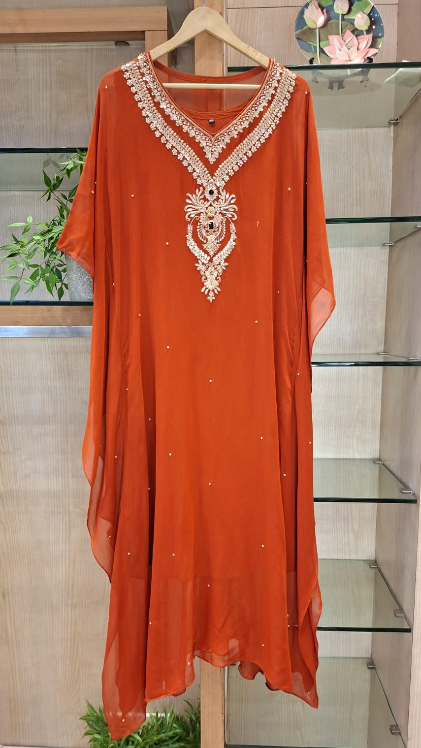 Burnt Orange & Mustard Yellow Handcrafted Georgette Kaftan