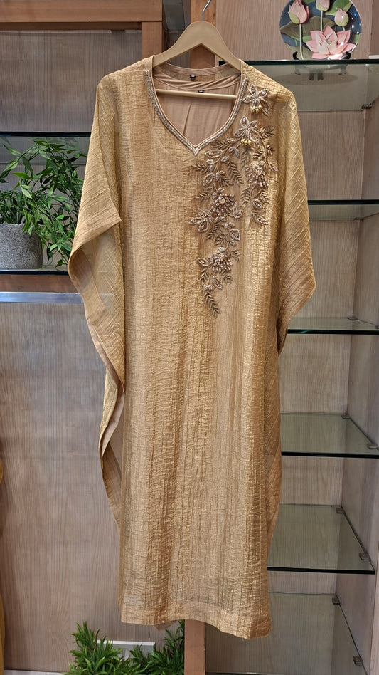 Beige Gold Crushed Tissue Floral Embroidered Kaftan