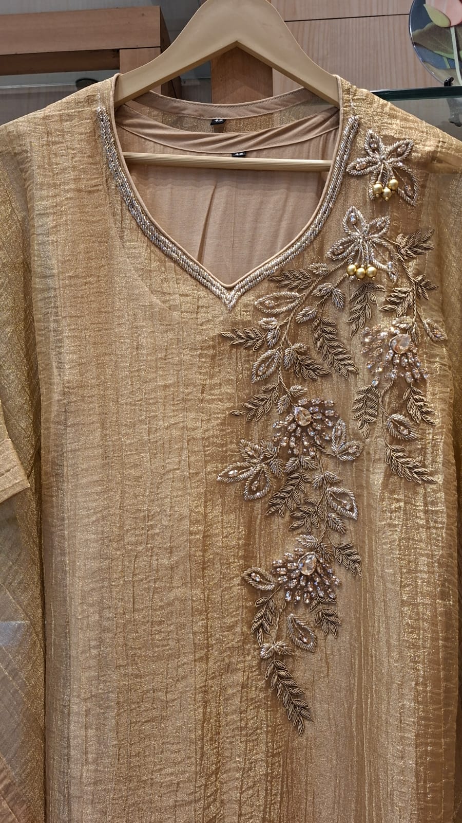 Beige Gold Crushed Tissue Floral Embroidered Kaftan