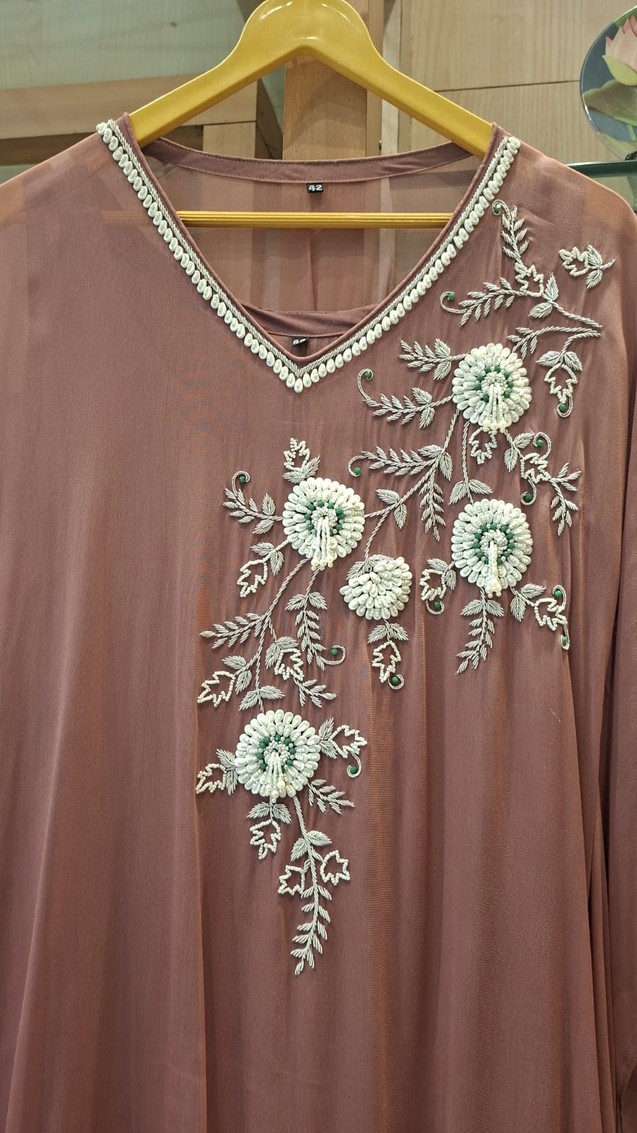 Anna Binny in Rosé Floral Embroidered georgette Kaftan - J.BEHARI