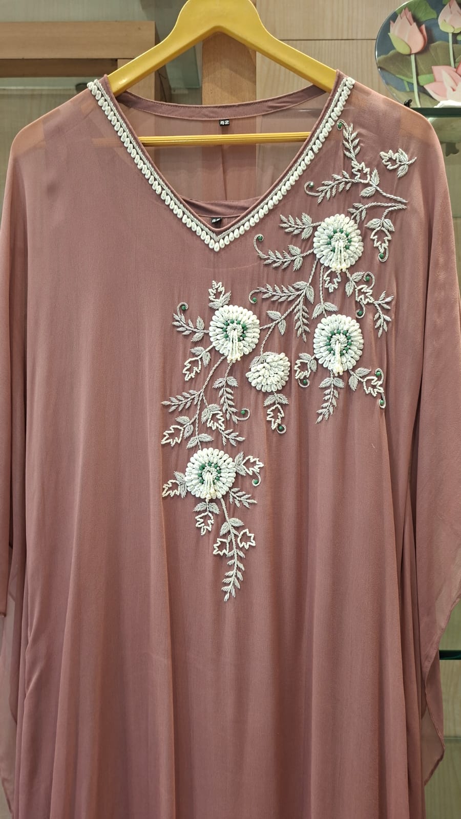 Anna Binny in Rosé Floral Embroidered georgette Kaftan - J.BEHARI