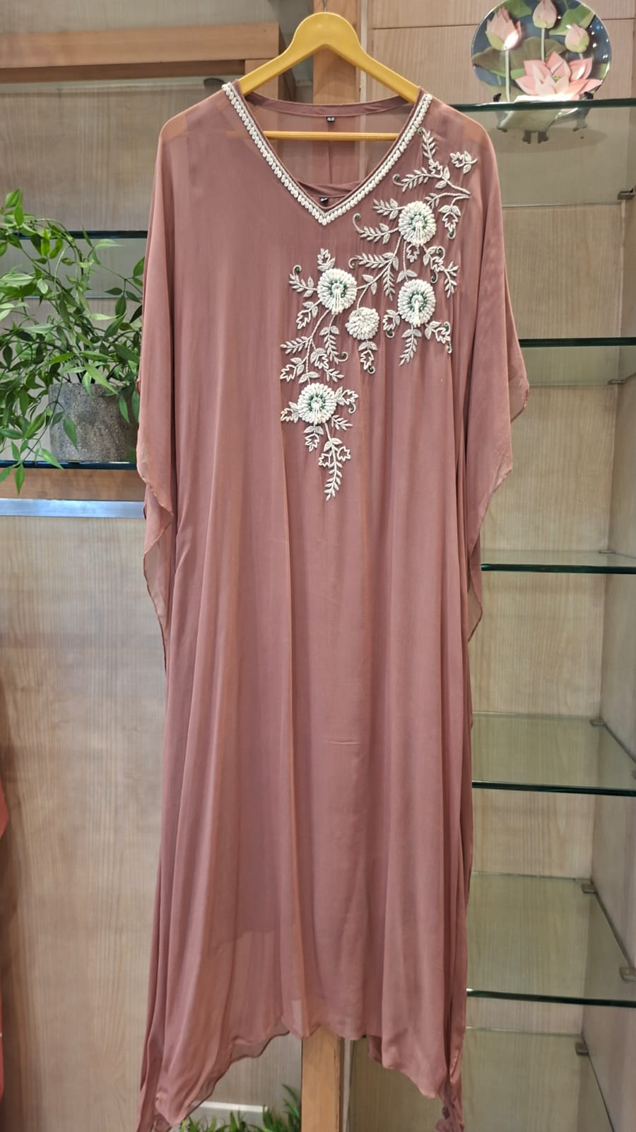 Anna Binny in Rosé Floral Embroidered georgette Kaftan - J.BEHARI