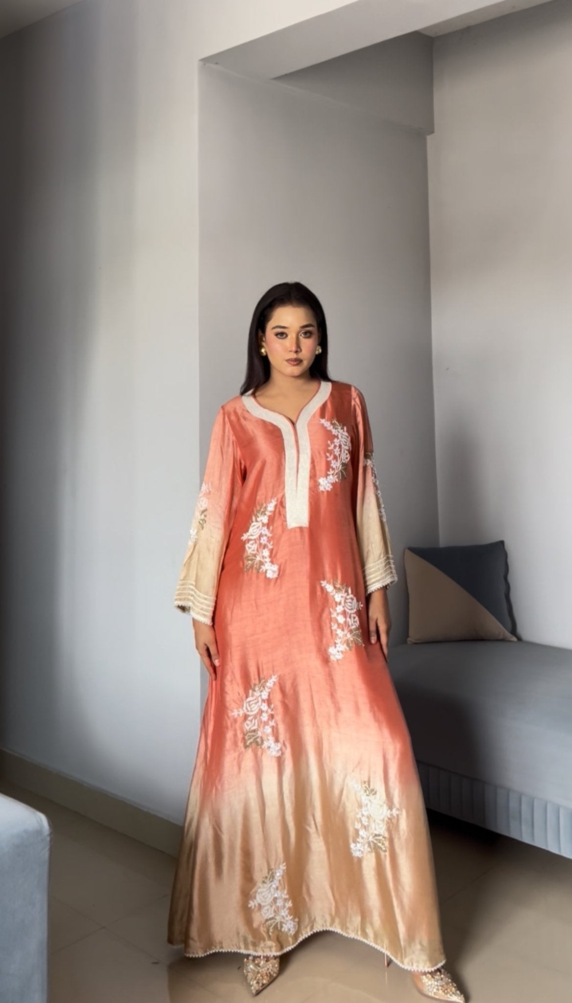 Beautiful digital creator ZOYA MANSOOR IN OUR orange Pearl Embroidered Long RESHAM SILK DRESS WITH PANTS - J.BEHARI