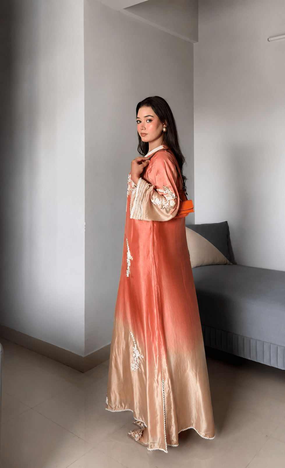 Beautiful digital creator ZOYA MANSOOR IN OUR orange Pearl Embroidered Long RESHAM SILK DRESS WITH PANTS - J.BEHARI