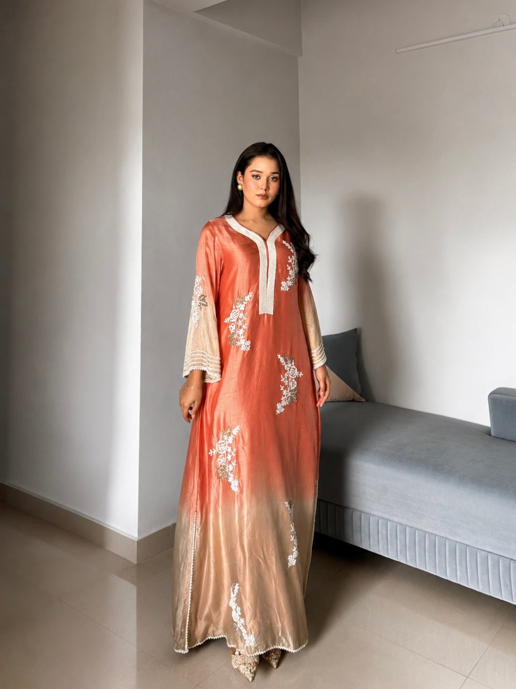 Beautiful digital creator ZOYA MANSOOR IN OUR orange Pearl Embroidered Long RESHAM SILK DRESS WITH PANTS - J.BEHARI