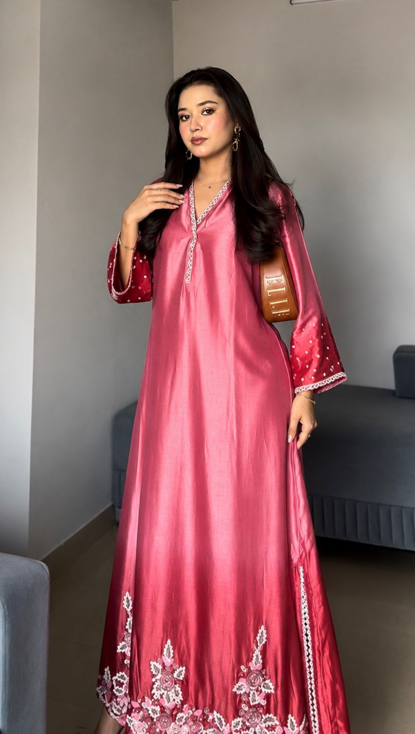 Beautiful digital creator ZOYA MANSOOR IN OUR Rosé Blossom Pearl Embroidered Long RESHAM SILK DRESS WITH PANTS - J.BEHARI