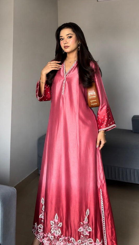 Beautiful digital creator ZOYA MANSOOR IN OUR Rosé Blossom Pearl Embroidered Long RESHAM SILK DRESS WITH PANTS - J.BEHARI