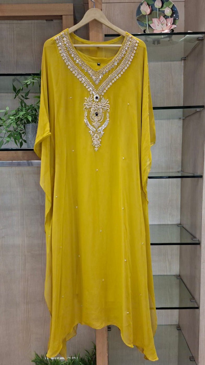 Burnt Orange & Mustard Yellow Handcrafted Georgette Kaftan - J.BEHARI